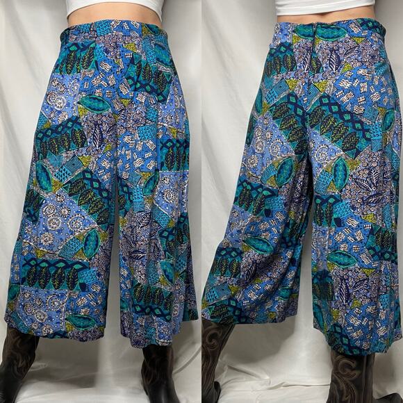 Vintage batik geometric patchwork print wide leg crop culotte palazzo pants blue - Picture 12 of 17